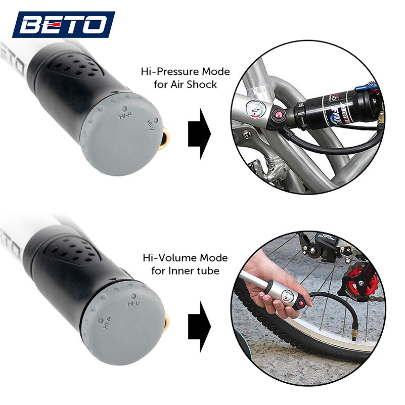 Beto draagbare fietspomp schokdemper vorkbuispomp schrader presta ventiel mtb pomp met manometer slangpomp