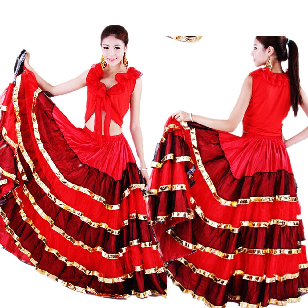 Vestido de Flamenco, trajes de baile para mujer, falda gitana española, ropa Oriental india, falda roja, traje de