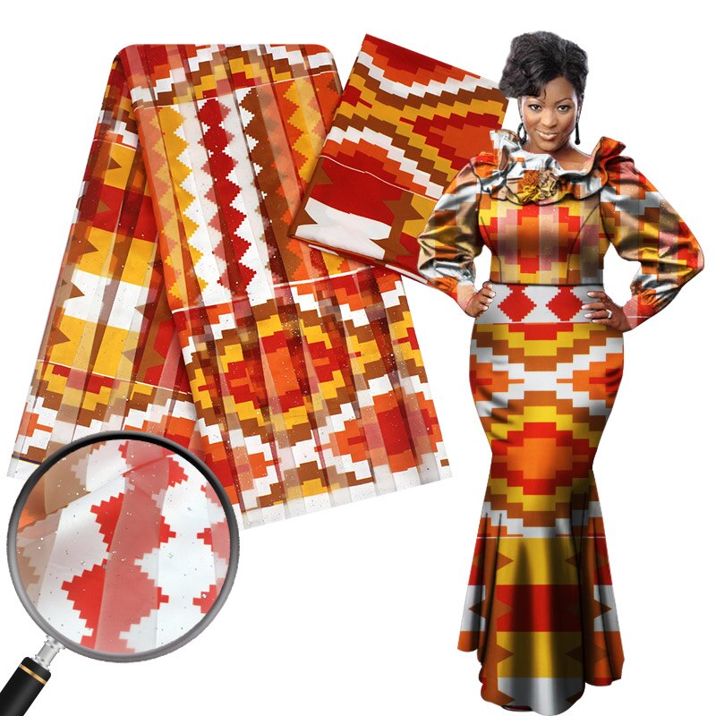 Nigéria ghana organza cetim tecido de seda impressão ancara cera africana 4 jardas + 2 metros chiffon seda para vestido YG812-2