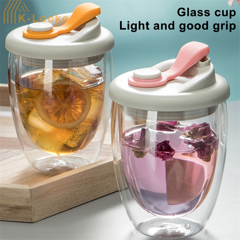 Portable Leak Proof Double Wall Glass Cup With Airtight Silica Gel Lid Insulated Coffee Mug Tea Juice Cup