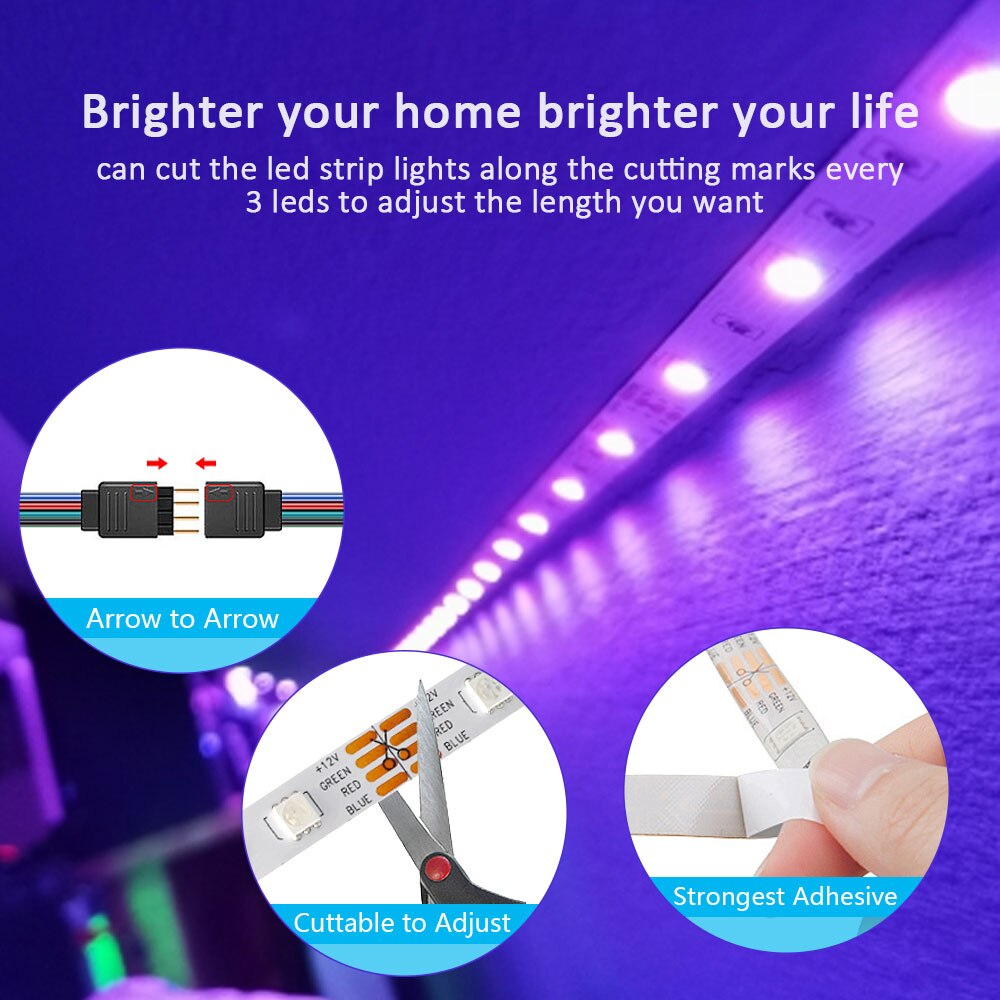 Colorrgb, led lys stripe, musikk synkronisert farge skiftende rgb 5050 , telefon app fjernkontroll , led lys tau 6m 12m 15m