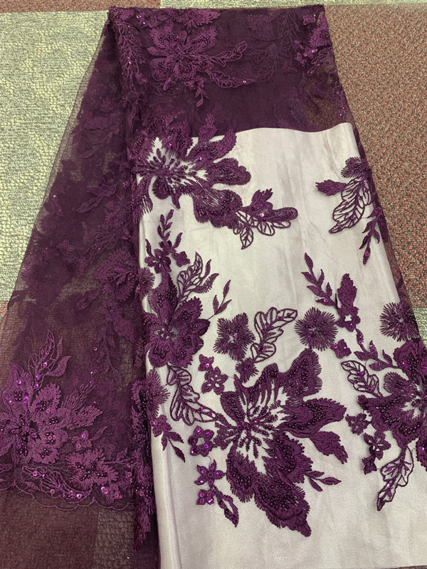 Tela de encaje de tul africano superventas , tela de encaje suizo con bordado de flores, tela de encaje nigeriano de con cuentas para novia: purple