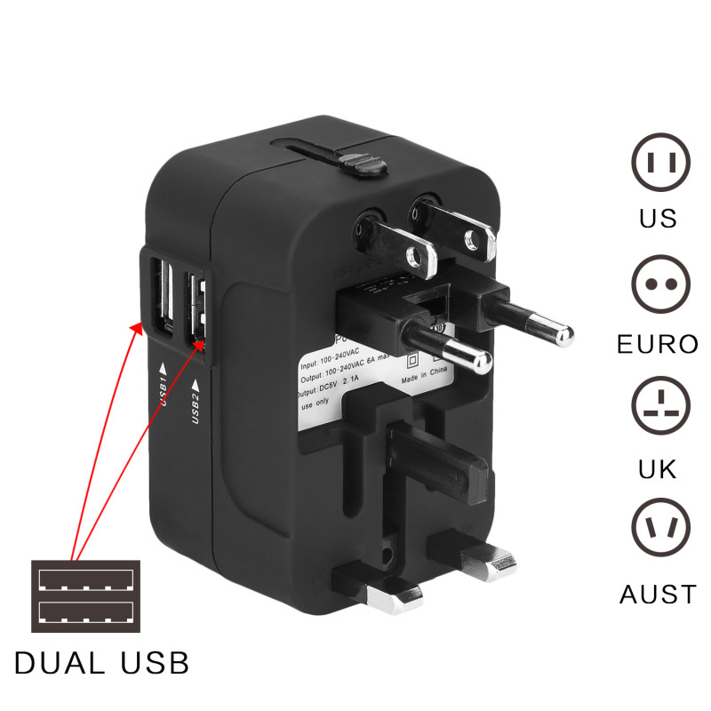 Internationale Universele Alles in Een Wereldwijd Travel Adapter Wall Charger AC Power Adapter met dual usb-poorten