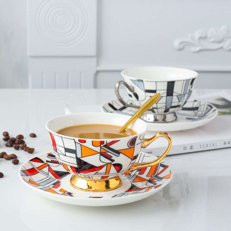 HESHUYAN Kop- en schotelset 350 ml Latte kopjes keramische koffiekop en schotel set aardewerk ontbijt melk mok middag theekopje porselein water mokken thee kop en schotels (SkyBlue