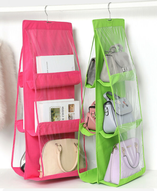 6 Pocket Folding Hanging Handbag Purse Storage Large Clear Holder Anti-dust Organizer Rack Hook Hanger Rack Bag