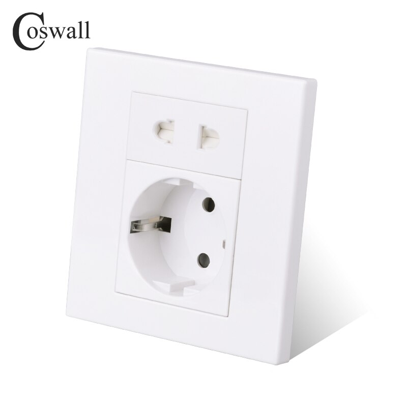 Coswall PC Panel EU Russia Spain 16A Wall Socket Grounded + 2 Pin Universal Power Outlet Ungrounded White Color Modular 86*86mm