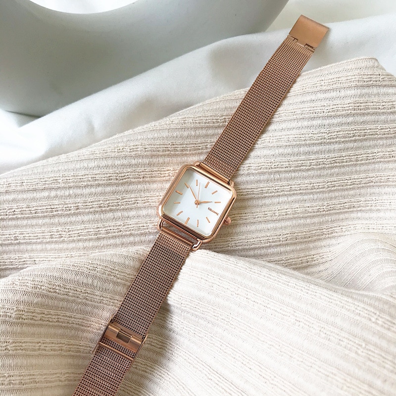 Vrouwen Mode Vierkante Horloges Minimalistische Dames Quartz Wrsitwatches Ulzzang Goud Zilver Rvs Mesh Band Klok