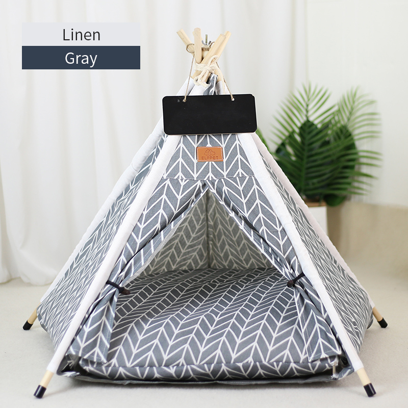 Tienda tipi para mascotas para gatos y perros, casa para perros lavable y extraíble portátil, casa para cachorros de interior con cojín y pizarra para gatos: L / Gris claro