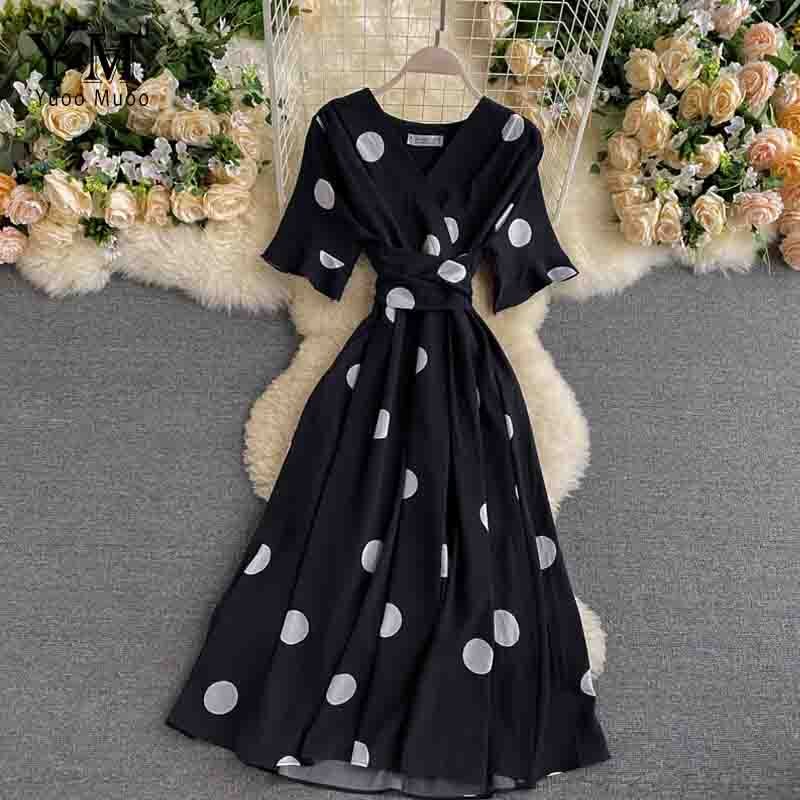 YuooMuoo-robe à bandes, tenue Vintage, à pois, col en V, tenue de soirée, tenue élégante, rouge, été: Black