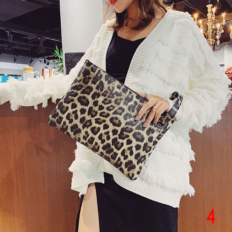 Kvinder håndled håndtaske overdimensioneret pung leopard print pu læder aften taske pose bedst -wt: 4