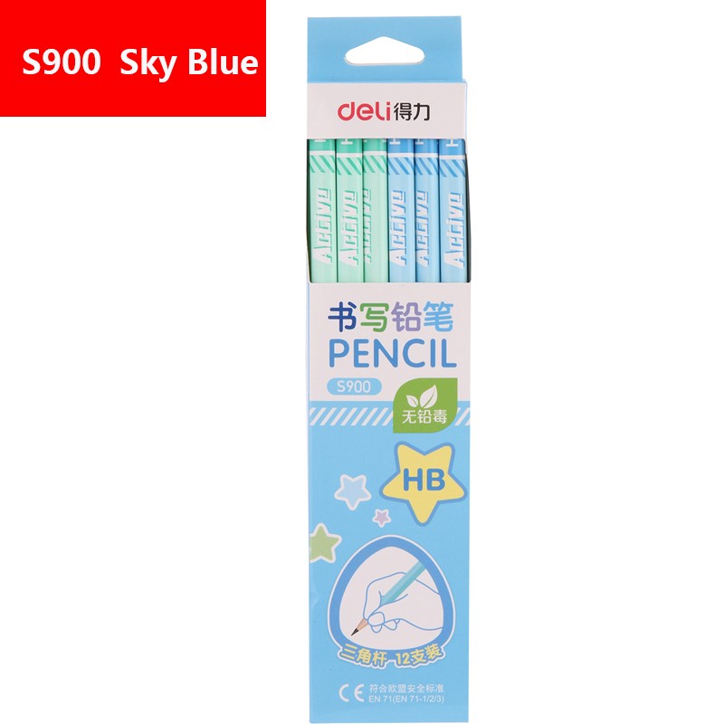 Deli, 12 unids/lote, lápices de plomo HB de madera, papelería, suministros de oficina y escuela, lápiz de madera para estudiantes, dibujo, escritura negro: S900 Sky blue