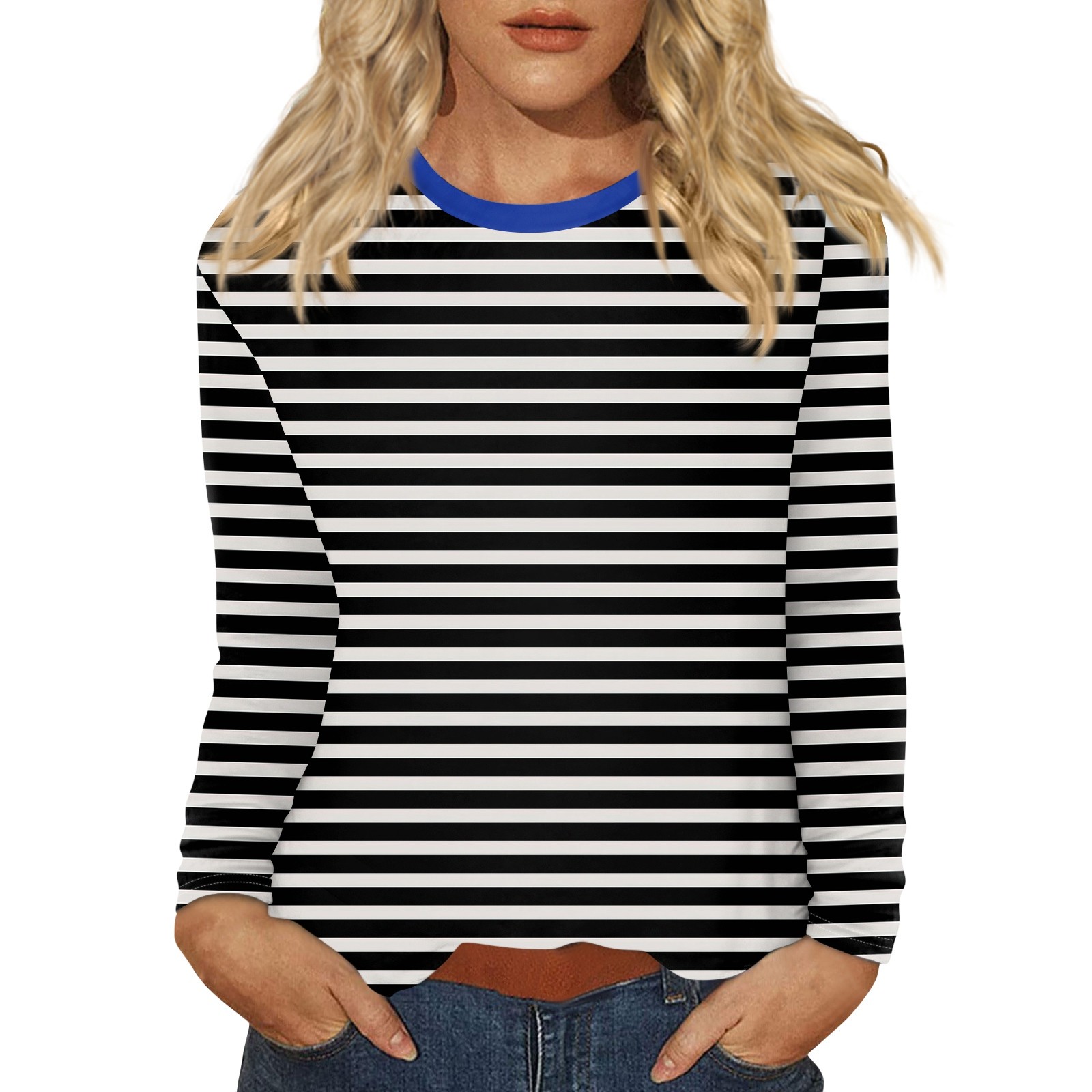 T-Shirt à Manches sulfet Col Ras du Cou pour Femme, Vêtement Décontracté, Rayé, Imprimé, Tendance, à la , de , 03