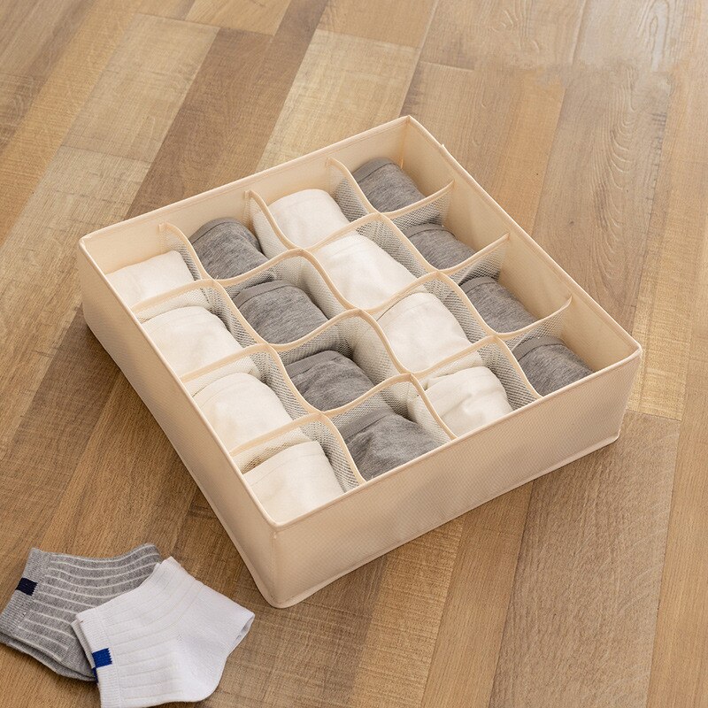 32x32x10cm Home Solid Color Storage Box for Folding Socks Bra Underpants Underskirt: Beige  16 cells
