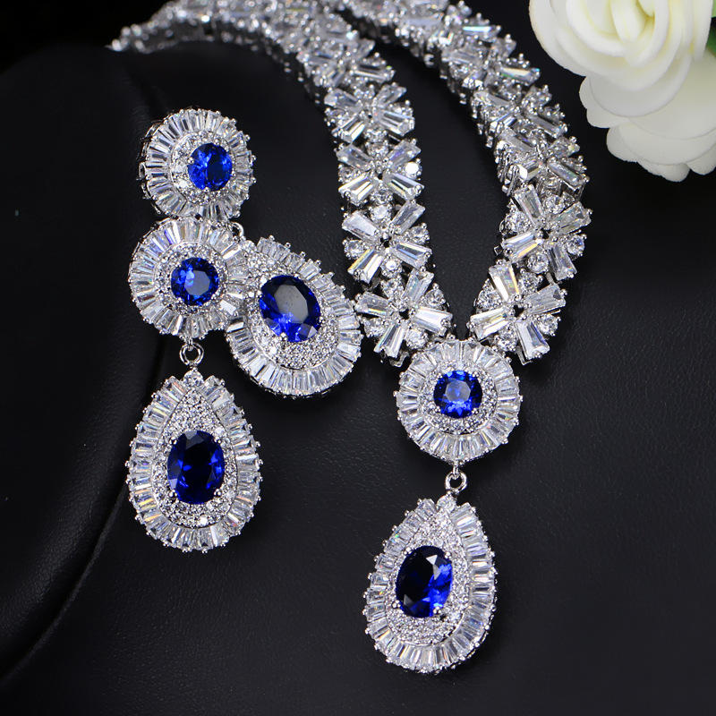 Threegraces Prachtige Zilveren Kleur Cz Grote Royal Blue Water Ketting Oorbellen Afrikaanse Sieraden Sets Voor Bruiden JS029: white gold blue