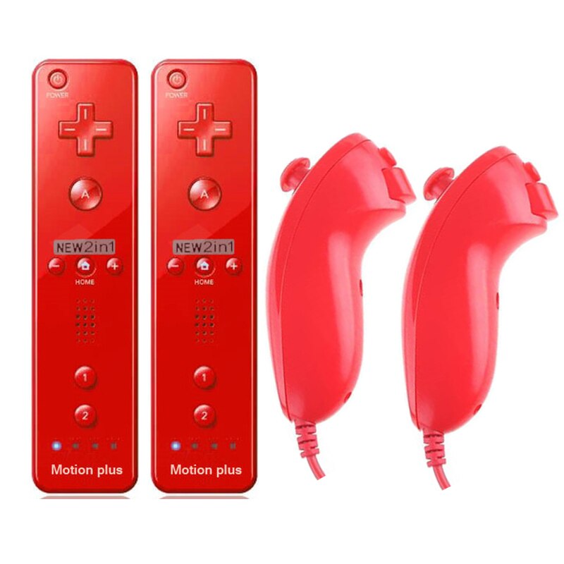 2/1PCS Remote Controller with Nunchuck Controller for Wii Console Wireless Gamepad with Motion Plus for Nintendo Games Control: Red- 2 Set