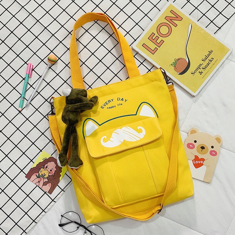 Grote Capaciteit Canvas Tas Schooltas Wilde Vrouwen Crossbody Tassen Cartoons Vrouwen Handtassen Schoudertassen Snor Tote Boodschappentas: Yellow with Frog