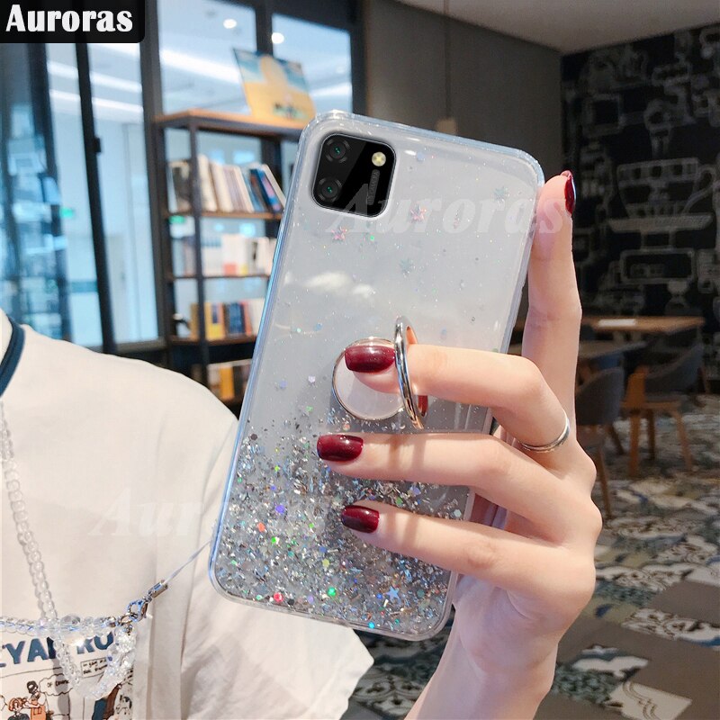 Auroras For Realme C11 Case Glitter Bling Sequins Starry Sky With Ring Shockproof For Realme C11 Cover