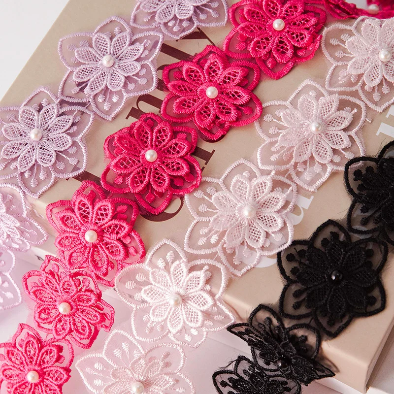 2 Yard Bloem Parel Kant Geborduurd Gebreide Zes Bloembladen Kralen Dubbellaags Trouwkleding Accessoires Diy Handgemaakte