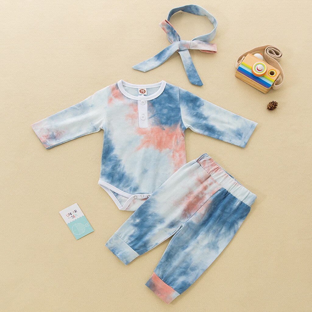 Pasgeboren Baby Kleurrijke Tie-Dye Nachtkleding Set Lange Mouwen Bodysuit Broek Hoofdband 3 Stuks Set Baby Jongens Meisjes Pyjama outfits Set: Blauw / 6m