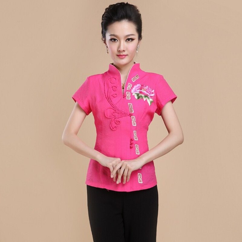 Hanfu tang pak dames top zomer ober thee kunstenaar werkkleding top zomer moeder korte mouw geborduurd opstaande kraag kleding