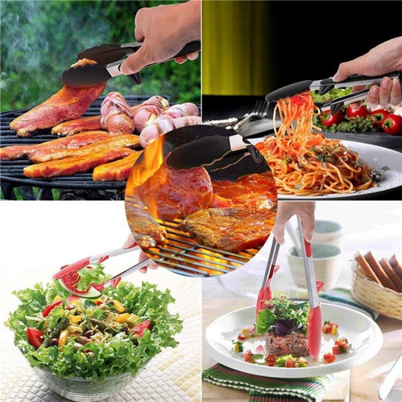 9/12 Inch Kitchen Cooking Tongs Heat Resistant Stainless Steel Bbq Tong with Silicone Tips and Stand for Spaghetti Salad