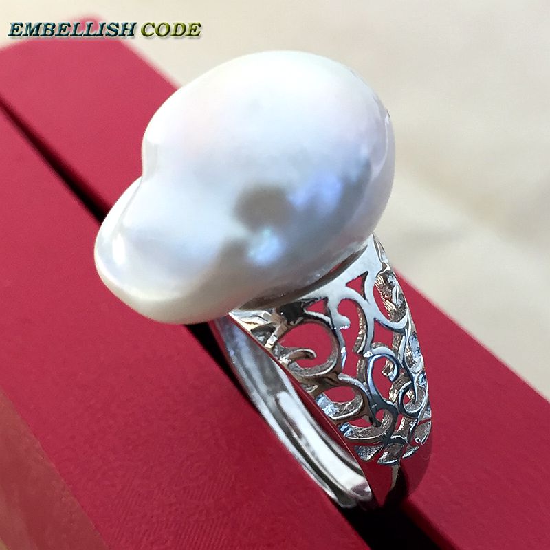 Adjustable size Resize baroque pearl 925 silver ring Retro hyperbole white Lustrous tissue nucleated fire ball shape for women