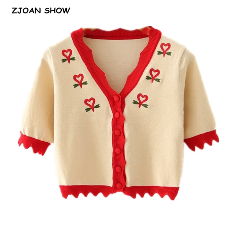Women Knit Single-breasted Button Cardigan Embroidery Sweater Retro Exposed navel Short Knitwear Short sleeve Jumper Tops