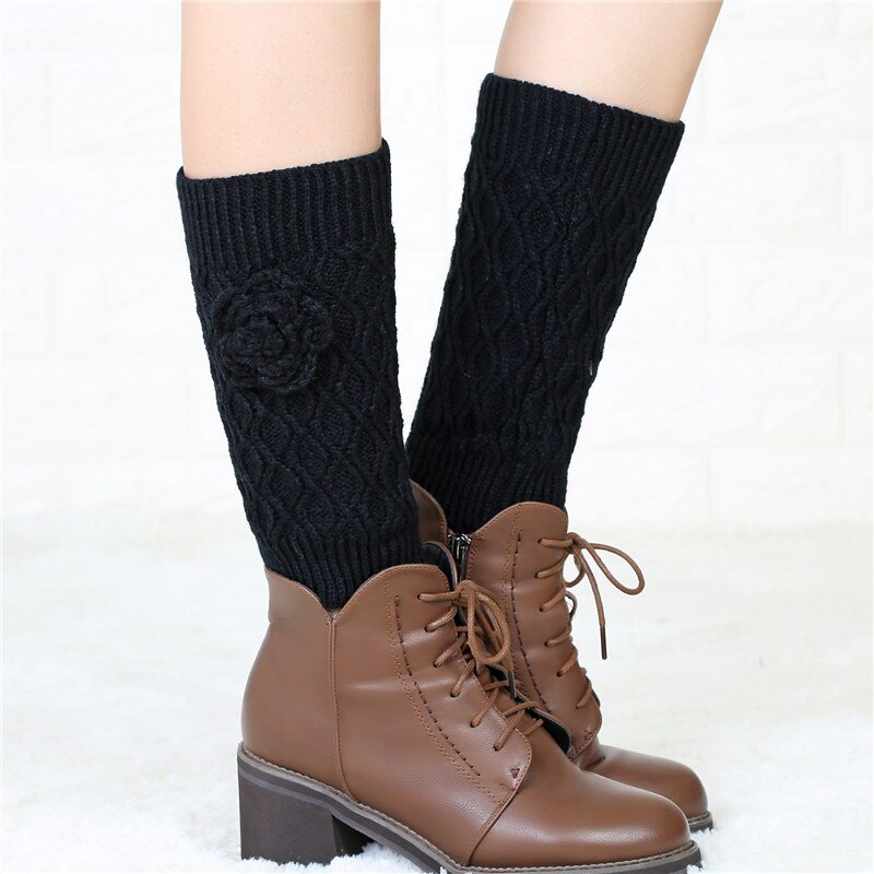 Handgemaakte Bloemen In Buis Voet Cover Gebreide Warm Boot Cover Dames Herfst En Winter Wollen Garen Beenwarmers Sokken effen: Black