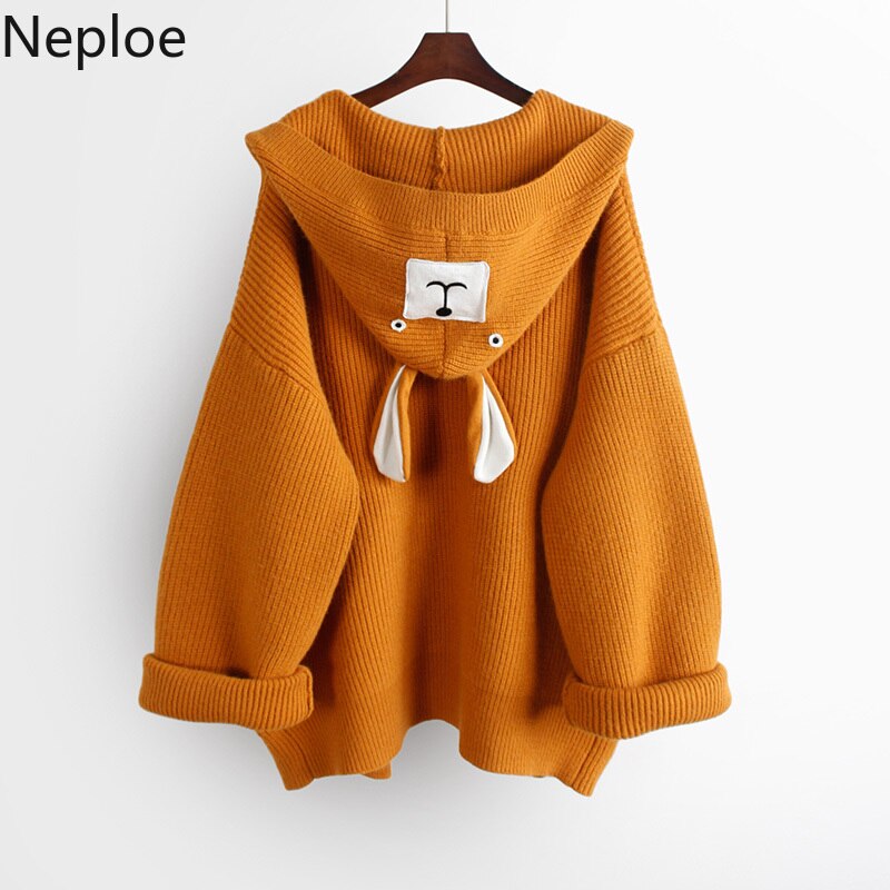 Neploe, suéter de punto con capucha para mujer, aplique de dibujos animados, abrigo de ropa de punto larga medio suelto, Otoño Invierno , punto abierto