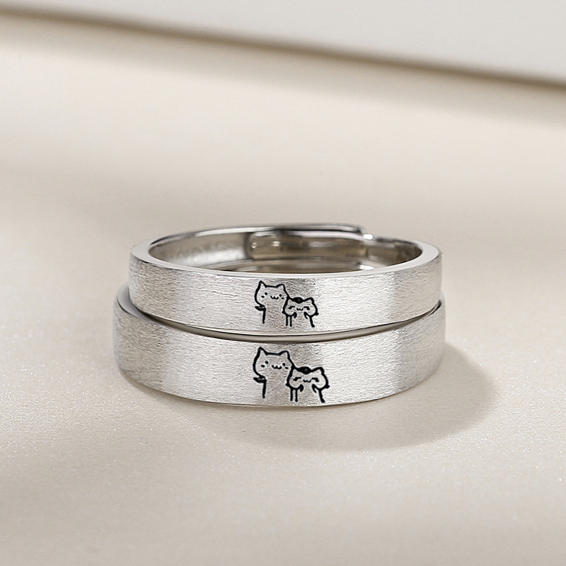 1 par de anillos de pareja de gatitos, bonito anillo abierto de plata para mujeres y hombres, anillos de dedo ajustables, de joyería de aniversario para amantes románticos