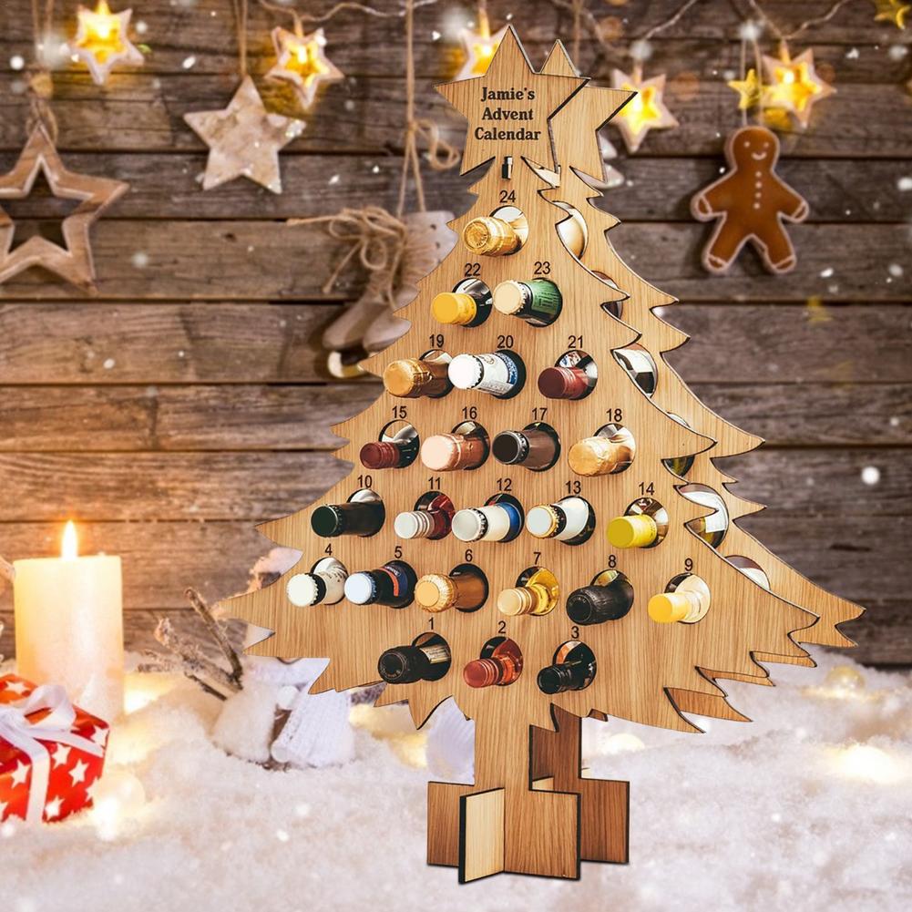 Árbol de Navidad de madera, Calendario de Adviento, estante para botella de vino, cuenta atrás de 24 días, soporte para botella de cerveza, decoraciones navideñas para el hogar