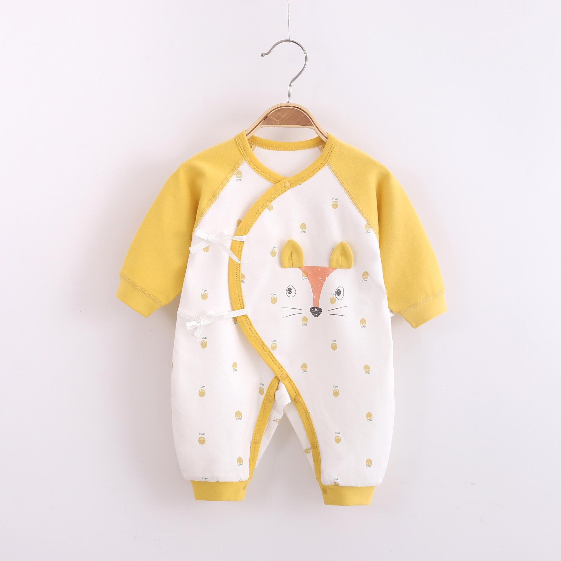 Pasgeboren Baby Jongen Meisje Jumpsuit Puur Katoen Leuke Leeuw En Kleine Vos Lange Mouwen Jumpsuit Baby Kleding Pyjama Vier seizoenen: Yellow fox / 52