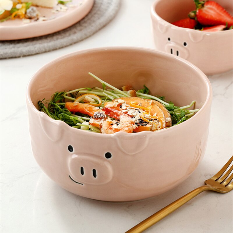 Juego de vajilla de porcelana con dibujos animados para el hogar, conjunto de cerámica con cuenco rosa encantador, plato de desayuno con personalidad creativa