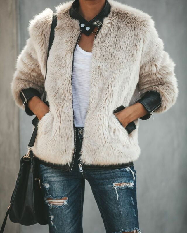 Kvinder plys læder patchwork bamse fleece frakker lommer vinter tyk varm pels fluffy jakke lynlås oversize outwear: M