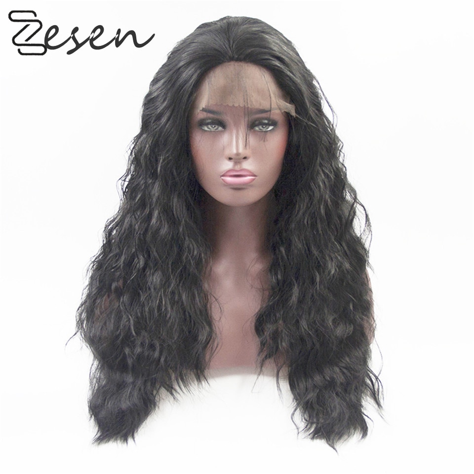 Perucas dianteiras do laço longo solto encaracolado molhado glueless peruca macia sintética resistente ao calor peruca de cabelo de fibra para preto feminino 24 Polegada