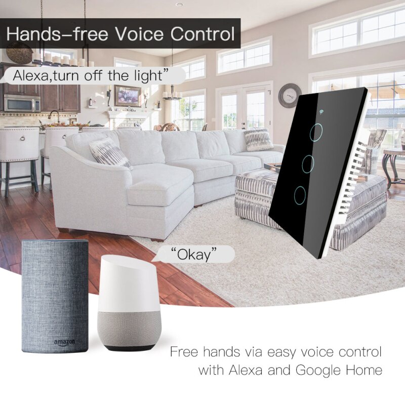 RF433 WiFi Smart Wall Touch Switch No Neutral Wire Needed Smart Single Wire Wall Switch Work With Alexa Google Home US Plug