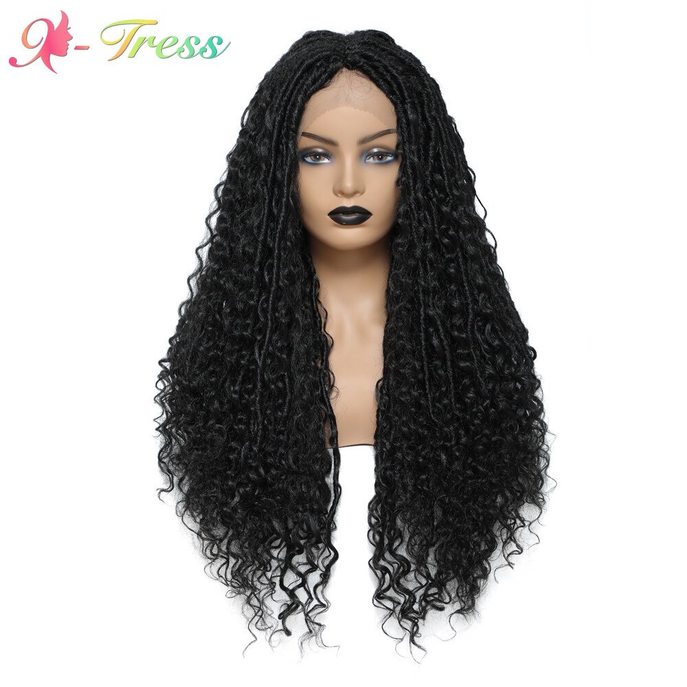 X-TRESS Faux Locs Braided Wigs Synthetic Lace Front Wig for Women Straight Dreadlock Mixed Curly Hair Middle Part Crochet Braids