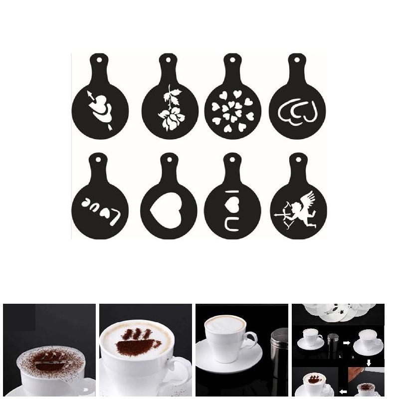 Nouvel outil de décoration en plastique, modèle de Cupcake, pochoir Barista fantaisie Cappuccino, 8 pièces