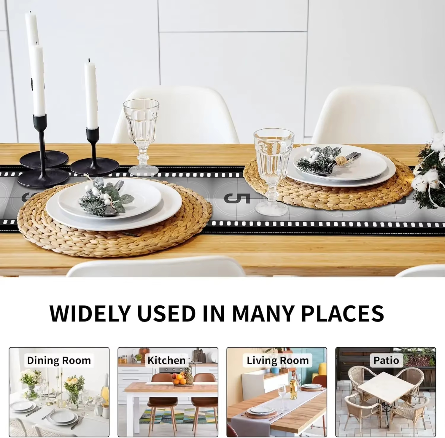 Filmthema tafelloper countdown, zwart wit linnen voor keukenfestival en feestsetting