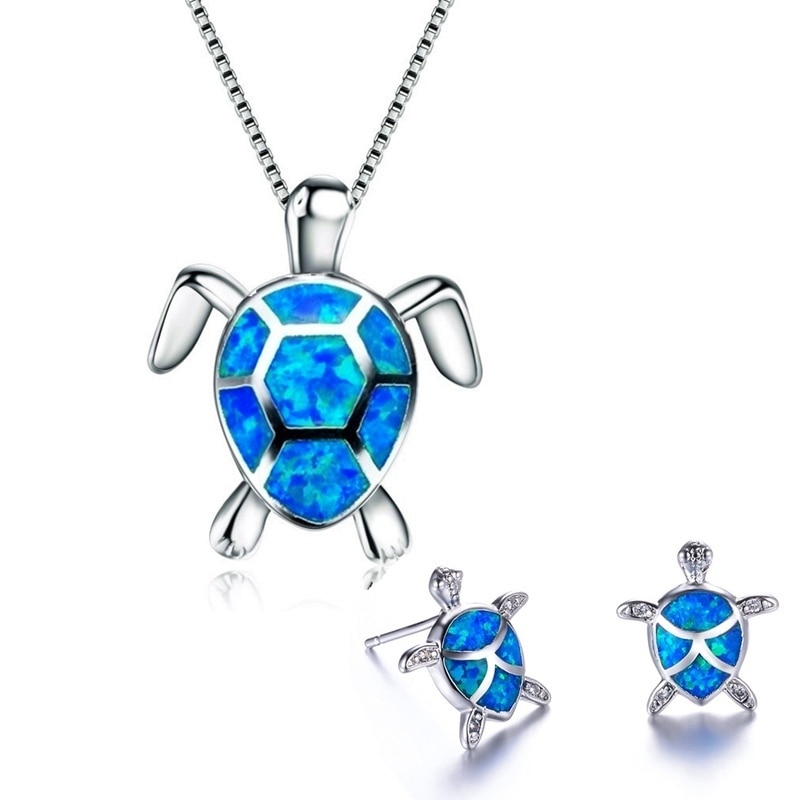 Classic Cute Sea Turtle Necklace Earrings jewelry set Trendy Animal Fire Opal Stud Earring for girl women best: blue