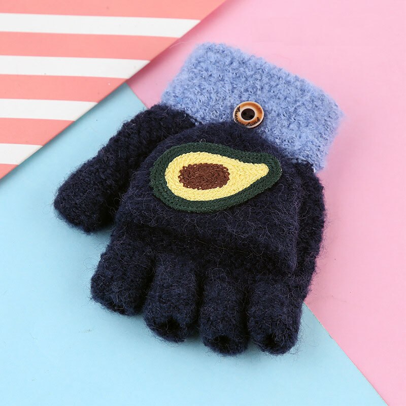 Los niños guantes sin dedos para niña lindo Niño de dibujos animados de invierno cálido bebé de lana guantes niños al aire libre manopla de mitad de dedo: navy blue