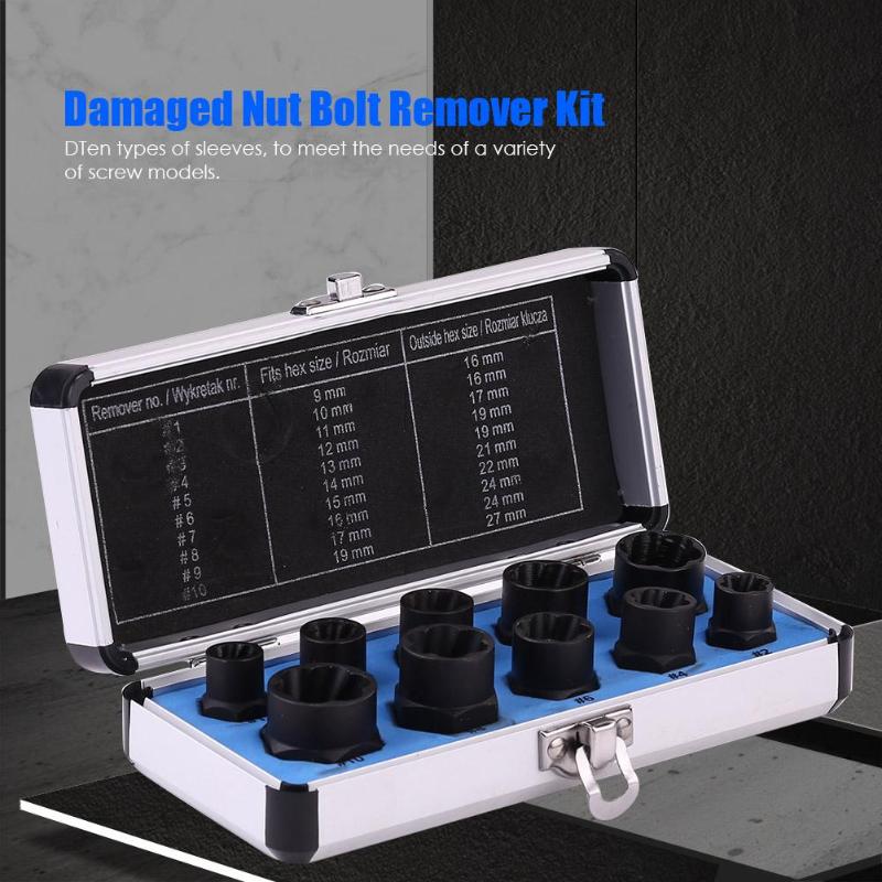 10pcs 9-19mm Damaged Nut Bolt Remover Kit Stud Extractor Broken Bolt Screw Remover Hand Tools Set Threading Tools Kit