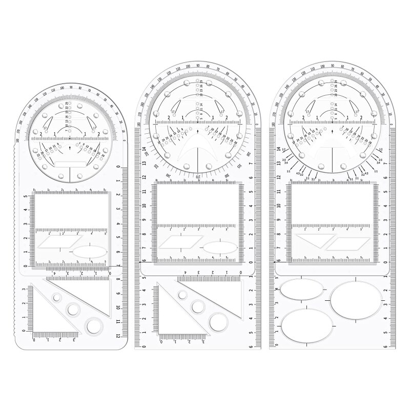 Juego de reglas geométricas multifuncionales, regla de dibujo de matemáticas con 14 figuras geométricas, conjunto de transportador redondo: Junior High Transpar