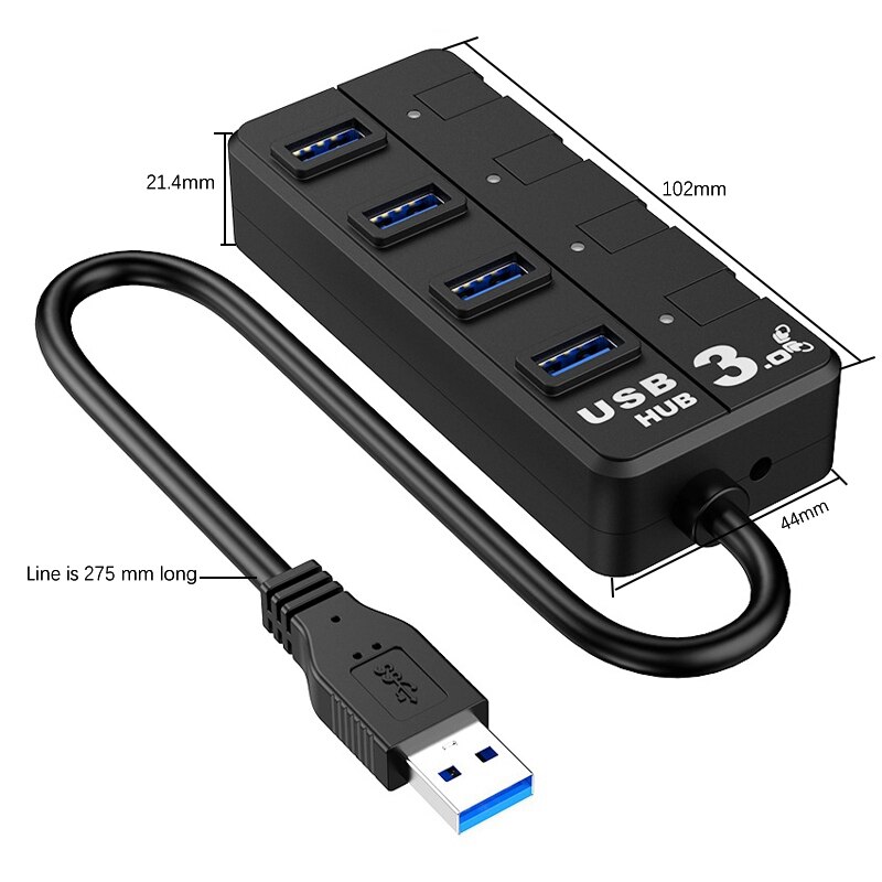 -4 Ports USB HUB Adapter USB 3.0 Data Port HUB for Laptop Notebook PC Printer Independent Key Switch USB Splitter