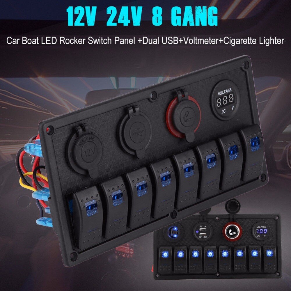 Marine Boat Rocker Switch Panel 8 Gang Waterproof ON Off Toggle Switches with Digital Voltage Display 3.1A Double USB