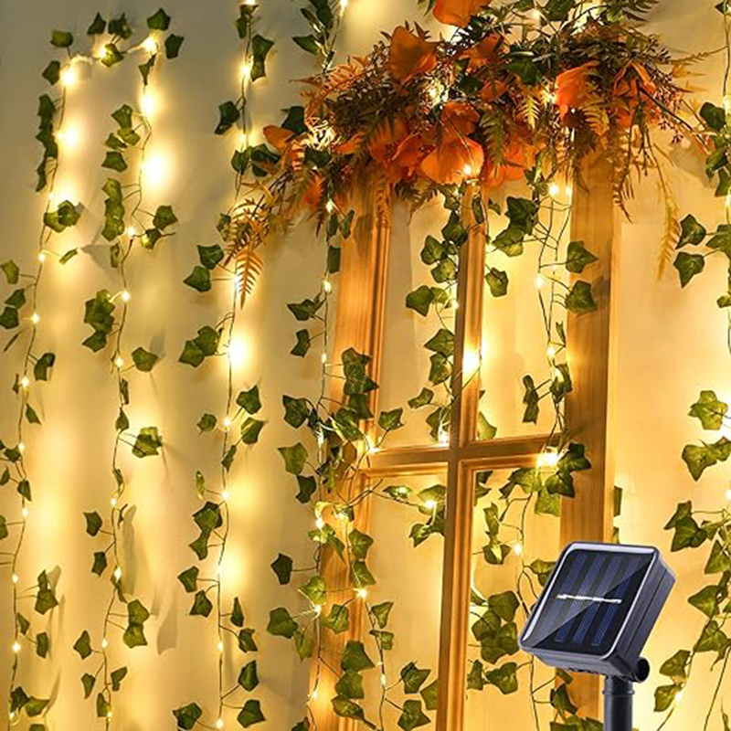 Guirnalda de luces solares de ratán de 5/10M, lámpara de hadas para exteriores, hoja de planta Artificial de 8 modos para decoración de valla de jardín y acampada para boda: Amarillo claro / 6-10 W