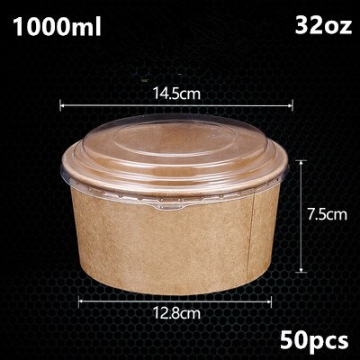Cuenco de papel desechable de gran tamaño para ensalada de frutas, paquete de comida rápida, almacenamiento de comida para llevar, paquete de cumpleaños para exteriores, 50 unids/paquete: 1000ml with lid