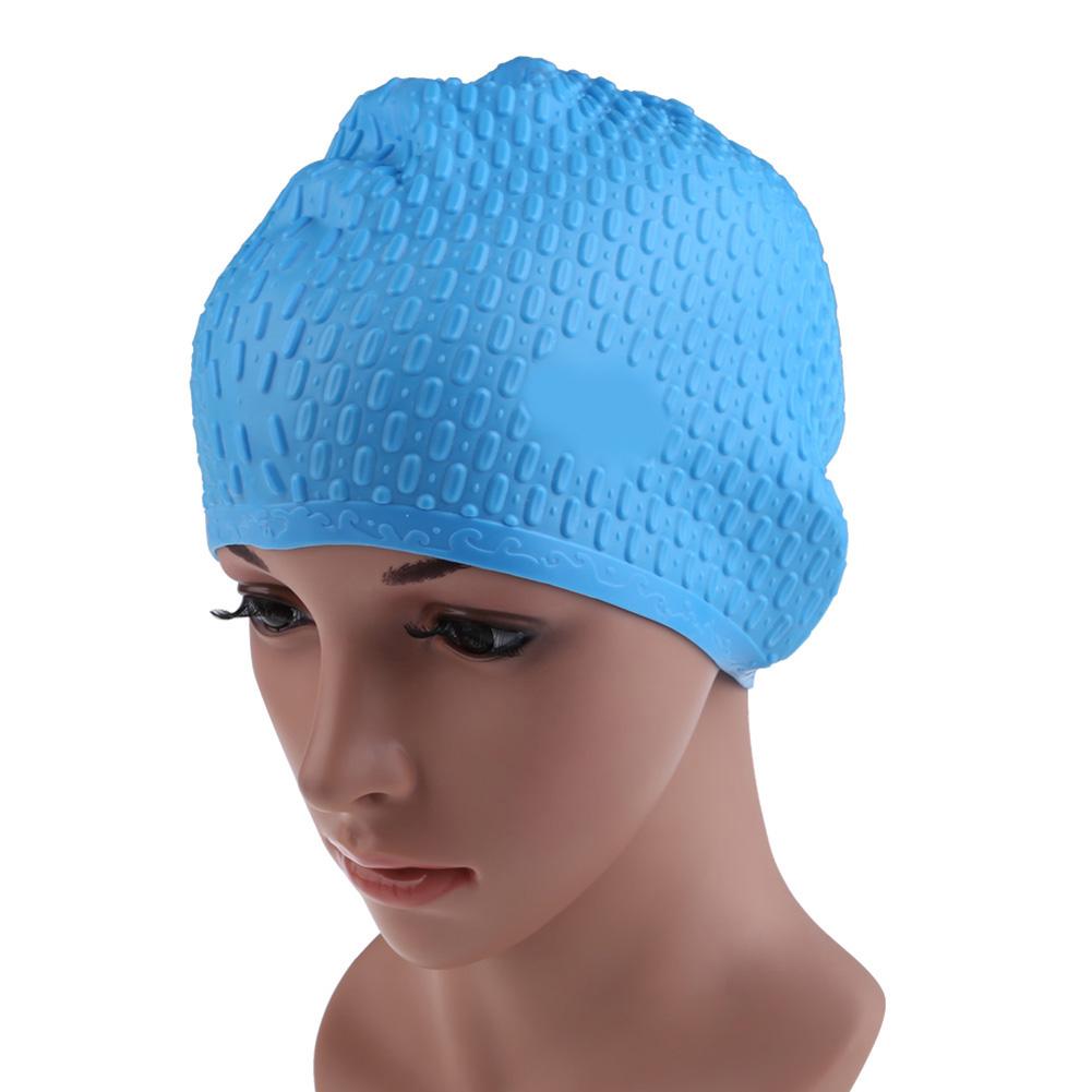 Vandtæt svømmedæksel silikone vandtæppe flerfarvet beskyttende ører langt hår sport svømning pool hat til voksen: Himmelblå