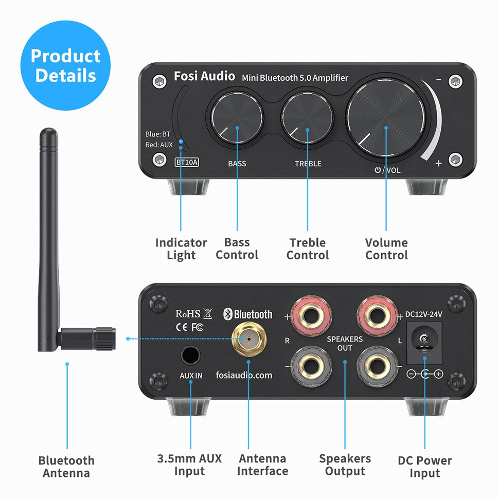 Fosi audio Bluetooth 2 kanał mocy akustycznej wzmacniacz stereofoniczny TPA3116D2 mini HiFi cyfrowy wzmacniacz dla głośników 50W BT10A tonów wysokich i niskich