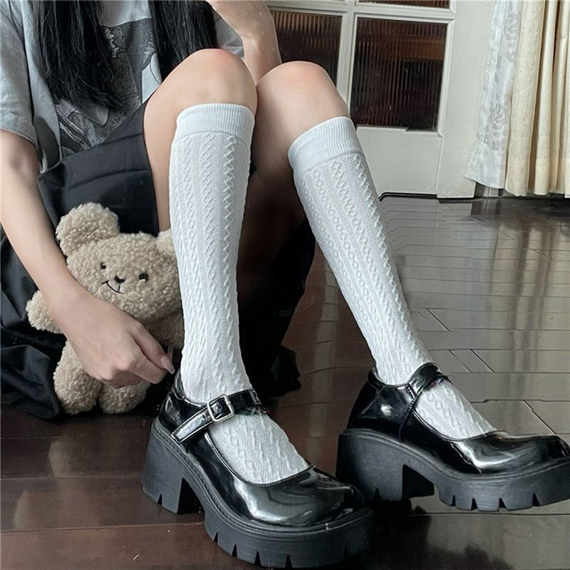 Calze per studenti delle scuole superiori stile giapponese Calzini lunghi Solido Nero Bianco Calzini estivi da donna sottili Costumi JK Calzini alti al ginocchio per ragazze